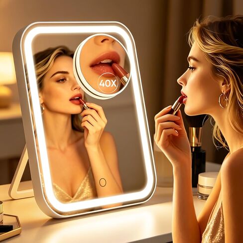 FUNTOUCH Large Makeup Vanity Mirror with Lights, 5000mAh 12.1" x 10.2" Rechargeable Lighted Desk Makeup Mirror with 40x Magnifying Mirror, 96 LED Lights & 3 Color Lighting for Bedroom (White) in Saudi Arabia