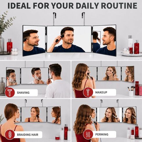 3 Way Mirror for Self Hair Cutting, 360 Barber Mirror Self Cut for Braiding Hair, 3way Haircut to See Back of Head for Men and Women, Black (Without LED) in Saudi Arabia