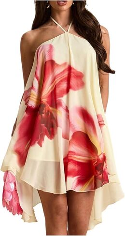 BEAUDRM Women's Floral Halter Mini Dress Y2K Tie Backless Flowy Asymmetrical Beach Vacation Dresses in Saudi Arabia