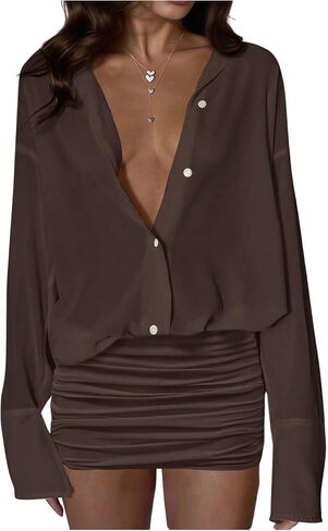 SHENHE Women's Sexy Sheer Button Up Shirt Dress Ruched Bodycon Long Sleeve Mini Dress in Saudi Arabia