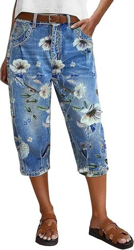 Flamingals High Waist Straight Leg Capri Jeans for Women Floral Pattern Stitch Detail Trendy Denim Jeans Without Belt in Kuwait