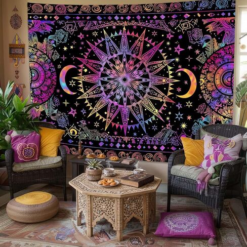 Leeisysme Hippie Sun and Moon Tapestry, Blacklight UV Reactive Neon Tie Dye Celestial Wall Hanging for Living Room Bedroom Home Decor, Purple 36x48 inches in Saudi Arabia