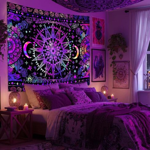 Leeisysme Hippie Sun and Moon Tapestry, Blacklight UV Reactive Neon Tie Dye Celestial Wall Hanging for Living Room Bedroom Home Decor, Purple 36x48 inches in Saudi Arabia