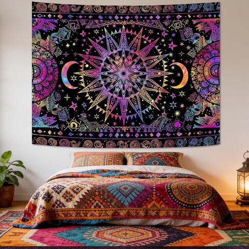 Leeisysme Hippie Sun and Moon Tapestry, Blacklight UV Reactive Neon Tie Dye Celestial Wall Hanging for Living Room Bedroom Home Decor, Purple 36x48 inches in Saudi Arabia