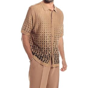 ErnZi Men's 2 Piece Outfit Criss-Cross Pattern Walking Suit Short Sleeve Set with Long Pants Button Beach Casual in Saudi Arabia