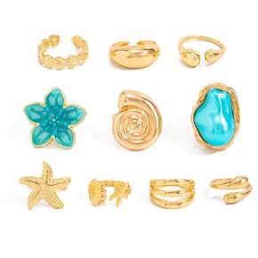 Gold Starfish Seashell Beach Ring Set for Women Ocean Theme Stackable Open Ring Boho Enamel Flower Sea Turtle Knuckle Rings Summer Beach Jewelry in Kuwait