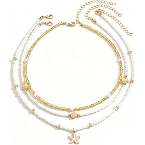 3 Layer Beach Layered Necklaces for Women, Boho Gold White Beaded Choker with Starfish & Shell Charms, Hypoallergenic Summer Coastal Jewelry for Daily & Beach Wear in Saudi Arabia