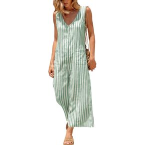 UANEO Women's Jumpsuit Striped Button Down Casual Sleeveless Romper Wide Leg Summer Overall One Piece with Pockets in Kuwait