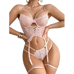 POPIV Sexy Lingerie for Women,Floral Strappy Lingerie Set Lace Bodysuit Garter Belt and Thigh Highs Sets(No Stocking) in Saudi Arabia