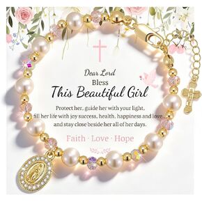 Catholic Crucifix Rosary Bracelet Gifts for Women Girls-14K Gold Plated Simulated Pink Pearl Rosary Beads Virgin Mary Jesus Cross Charm Link Chain, Virgen de Guadalupe Religious Gift for Confirmation Baptism in Saudi Arabia