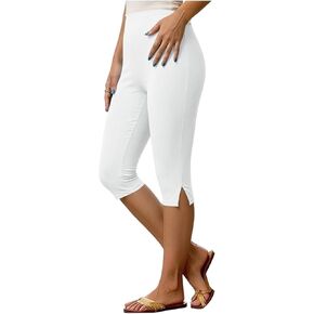 Womens Capri Leggings High Waisted Knee Length Pants with Side Slit Hem Stretch Summer Casual Bottoms in Saudi Arabia