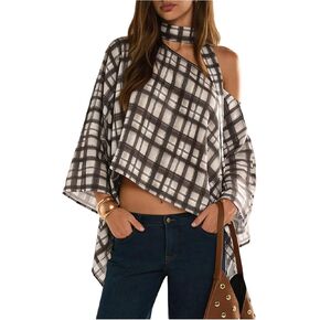 Verdusa Women's Plaid Asymmetrical Tops Y2K Oversized Off Shoulder Poncho Top with Scarf in Kuwait