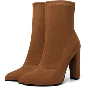 risdoada Women's Sock Boots Chunky Heel Ankle Booties Elastic Suede Pointed Toe Fall Winter High Heeled Mid Calf Boots in Saudi Arabia