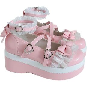 Women's Sweet Lolita Platform Chunky Heel Mary Jane Shoes – Cute Bowknot & Lace Trim Ankle Strap Flats with Thick Sole in Saudi Arabia