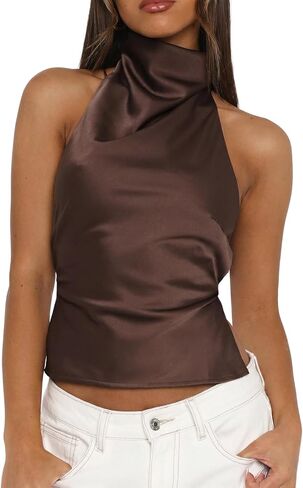 Matunana Women Satin Halter Tops Going Out Mock Neck Backless Tank Top | Sexy, Cute, Club, Party Shirts, Casual, Sleeveless, Open Back, Trendy, Y2K, Summer Outfits in Saudi Arabia