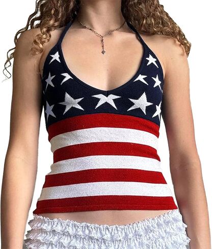 RUEWEY Women American Flag Knit Tank Top Sleeveless Deep V Neck Backless Tops 4th of July Patriotic Knitwear Camisole in Kuwait