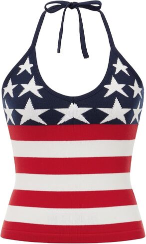RUEWEY Women American Flag Knit Tank Top Sleeveless Deep V Neck Backless Tops 4th of July Patriotic Knitwear Camisole in Kuwait