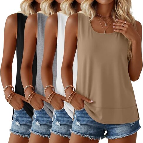 Huukeay 4 Pack Women's Tank Tops Sleeveless U Neck Shirts Summer Loose Fit Workout Cami Flowy Hem Slit Casual Clothes in Kuwait