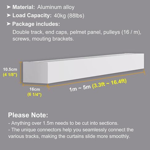 Aluminum Alloy Curtain Track System with Silent Rollers, Double Rails & Pelmet Box for Bedroom, Wall Mount, 1.4m (4.6ft) - Smooth Operation & Modern Design in Kuwait