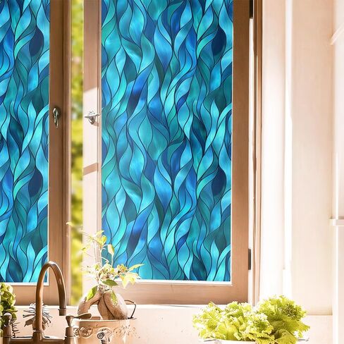 Teal Blue Green Leaf Geometric Mosaic Stained Glass Window Films Decorative Double-Side Privacy Film Self-Adhesive Static Window Clings for Living Room Bathroom Decor in Saudi Arabia