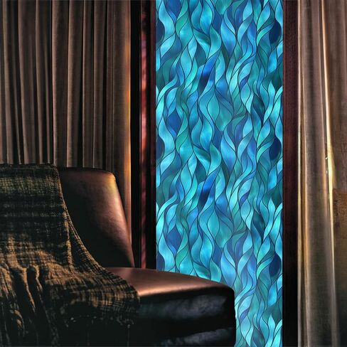 Teal Blue Green Leaf Geometric Mosaic Stained Glass Window Films Decorative Double-Side Privacy Film Self-Adhesive Static Window Clings for Living Room Bathroom Decor in Saudi Arabia
