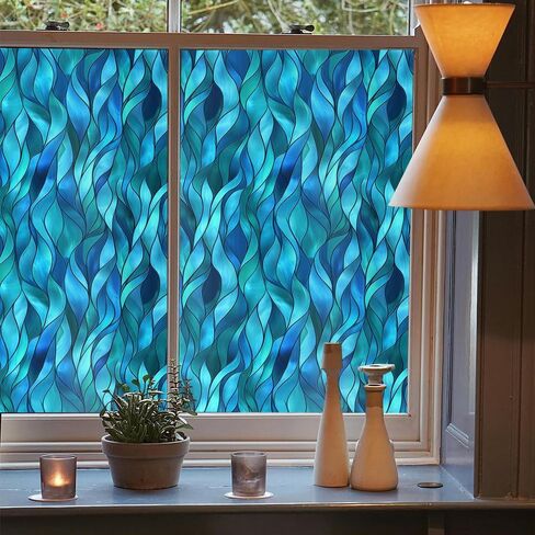 Teal Blue Green Leaf Geometric Mosaic Stained Glass Window Films Decorative Double-Side Privacy Film Self-Adhesive Static Window Clings for Living Room Bathroom Decor in Saudi Arabia