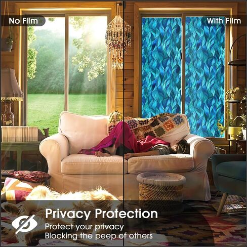 Teal Blue Green Leaf Geometric Mosaic Stained Glass Window Films Decorative Double-Side Privacy Film Self-Adhesive Static Window Clings for Living Room Bathroom Decor in Saudi Arabia