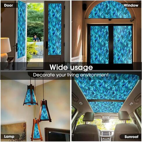 Teal Blue Green Leaf Geometric Mosaic Stained Glass Window Films Decorative Double-Side Privacy Film Self-Adhesive Static Window Clings for Living Room Bathroom Decor in Saudi Arabia