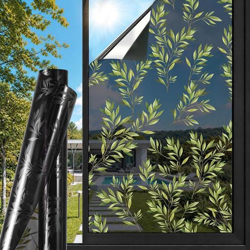 Window Privacy Film One Way Daytime Privacy Botanical Static Cling Window Tint, UV Sun Blocking Reflective Window Films for Home and Office, Green Leaf, 17.7" x 78.7" in Saudi Arabia