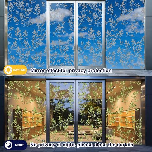 Window Privacy Film One Way Daytime Privacy Botanical Static Cling Window Tint, UV Sun Blocking Reflective Window Films for Home and Office, Green Leaf, 17.7" x 78.7" in Saudi Arabia