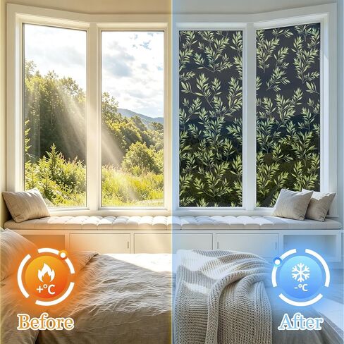 Window Privacy Film One Way Daytime Privacy Botanical Static Cling Window Tint, UV Sun Blocking Reflective Window Films for Home and Office, Green Leaf, 17.7" x 78.7" in Saudi Arabia