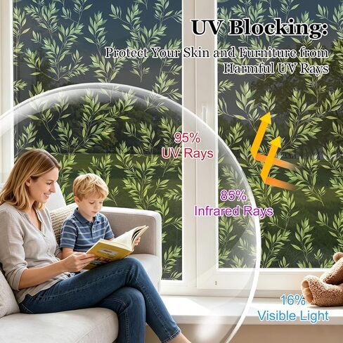 Window Privacy Film One Way Daytime Privacy Botanical Static Cling Window Tint, UV Sun Blocking Reflective Window Films for Home and Office, Green Leaf, 17.7" x 78.7" in Saudi Arabia