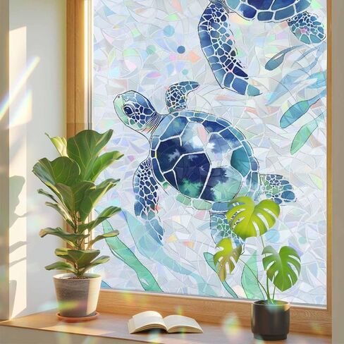Blue Coastal Turtle Window Privacy Film Rainbow Static Cling Stain Glass Window Film for Glass Door, Decorative Sunroof Decal Sticker for Car Bathroom Home 19.6"x39.3" Nautical Ocean Beach Botanical in Saudi Arabia