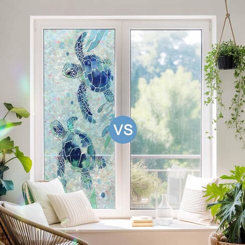 Blue Coastal Turtle Window Privacy Film Rainbow Static Cling Stain Glass Window Film for Glass Door, Decorative Sunroof Decal Sticker for Car Bathroom Home 19.6"x39.3" Nautical Ocean Beach Botanical in Saudi Arabia