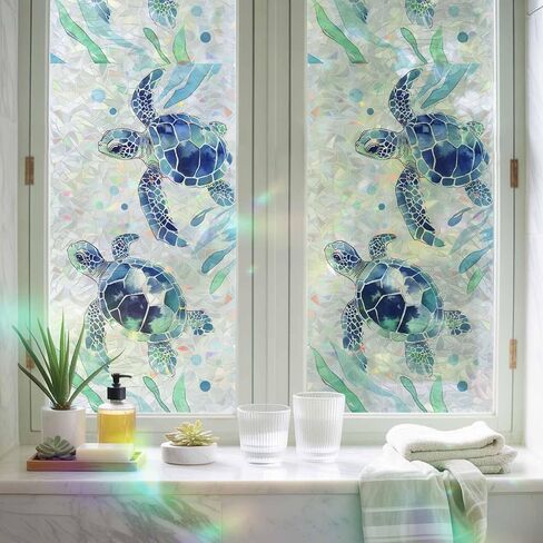 Blue Coastal Turtle Window Privacy Film Rainbow Static Cling Stain Glass Window Film for Glass Door, Decorative Sunroof Decal Sticker for Car Bathroom Home 19.6"x39.3" Nautical Ocean Beach Botanical in Saudi Arabia