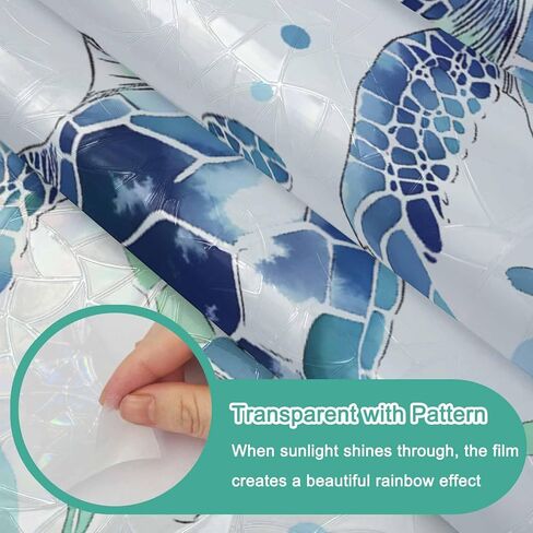 Blue Coastal Turtle Window Privacy Film Rainbow Static Cling Stain Glass Window Film for Glass Door, Decorative Sunroof Decal Sticker for Car Bathroom Home 19.6"x39.3" Nautical Ocean Beach Botanical in Saudi Arabia