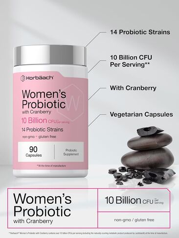 Horbäach Women's Probiotic with Cranberry Supplement | 10 Billion CFU | 14 Probiotic Strains | 90 Capsules | Non GMO, Gluten Free in Kuwait