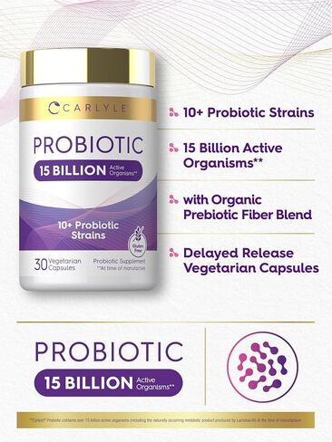 Carlyle Probiotic | 15 Billion CFU | 30 Capsules | 10 Probiotic Strains with Prebiotic Fiber | Delayed Release | Non GMO, Gluten Free in Kuwait
