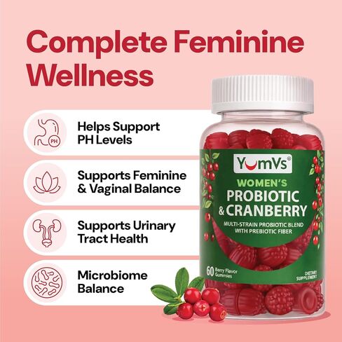 Yum-V’s Probiotics for Women Gummies with Cranberry – 5 Billion CFU, 11-Strain Probiotic with Prebiotic Fiber, Cranberry Extract & D-Mannose – Supports Digestive, Vaginal & Urinary Health (60 Count) in Kuwait