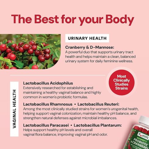 Yum-V’s Probiotics for Women Gummies with Cranberry – 5 Billion CFU, 11-Strain Probiotic with Prebiotic Fiber, Cranberry Extract & D-Mannose – Supports Digestive, Vaginal & Urinary Health (60 Count) in Kuwait