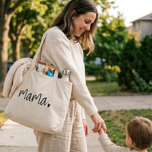 Kimoli Cute Corduroy Tote Bag for Women, Large Mom Mama Tote Bag with Zipper, Mom Gifts for New Mom in Saudi Arabia