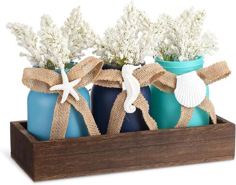 ديكور طاولة محوري من Hushee Beach Mason Jar، قطعة مركزية ساحلية صيفية مع صينية خشبية لبيت المزرعة، وشرائح فرس البحر على شكل صدف نجم البحر وزهور صناعية لديكور صينية متدرجة لطاولة القهوة in Kuwait