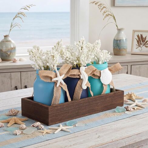 ديكور طاولة محوري من Hushee Beach Mason Jar، قطعة مركزية ساحلية صيفية مع صينية خشبية لبيت المزرعة، وشرائح فرس البحر على شكل صدف نجم البحر وزهور صناعية لديكور صينية متدرجة لطاولة القهوة in Kuwait