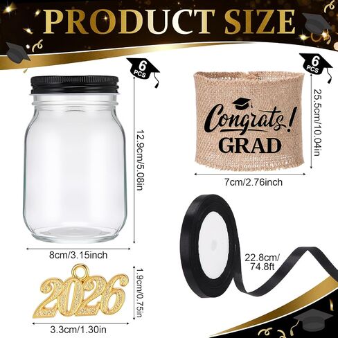 6 Sets 2026 Graduation Gifts Graduation Mason Jars Class of 2026 Grad Centerpieces for Tables Decorations Money Jars with Linen Sleeves Pendant Ribbon for Congrats Grad Party Supplies in Kuwait