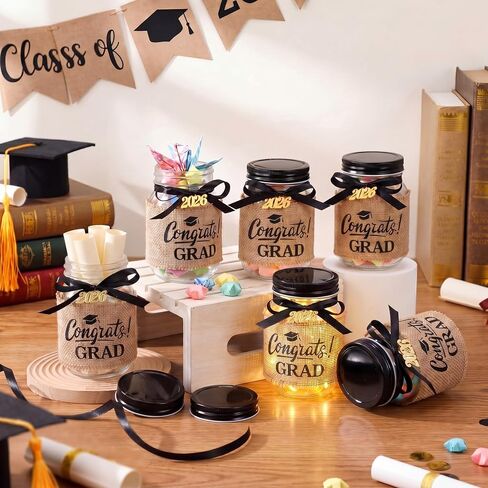 6 Sets 2026 Graduation Gifts Graduation Mason Jars Class of 2026 Grad Centerpieces for Tables Decorations Money Jars with Linen Sleeves Pendant Ribbon for Congrats Grad Party Supplies in Kuwait