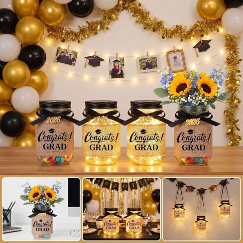 6 Sets 2026 Graduation Gifts Graduation Mason Jars Class of 2026 Grad Centerpieces for Tables Decorations Money Jars with Linen Sleeves Pendant Ribbon for Congrats Grad Party Supplies in Kuwait