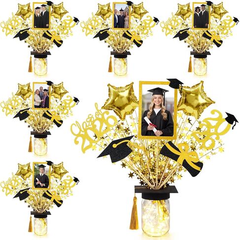 6 Set Graduation Table Decorations with LED Lights, Mason Jar Graduation Table Centerpiece with Felt Grad Cap Photo Frames 2026 Sticks Star Balloons for College Congrats Grad Party Supplies in Saudi Arabia