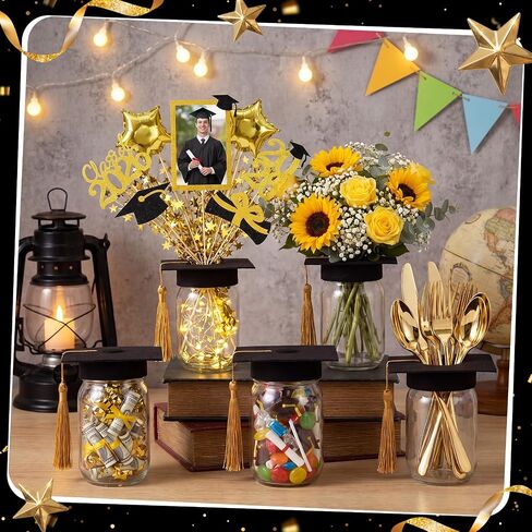 6 Set Graduation Table Decorations with LED Lights, Mason Jar Graduation Table Centerpiece with Felt Grad Cap Photo Frames 2026 Sticks Star Balloons for College Congrats Grad Party Supplies in Saudi Arabia