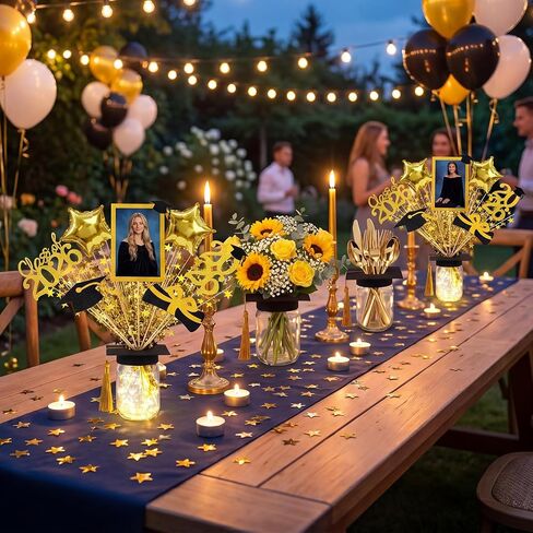 6 Set Graduation Table Decorations with LED Lights, Mason Jar Graduation Table Centerpiece with Felt Grad Cap Photo Frames 2026 Sticks Star Balloons for College Congrats Grad Party Supplies in Saudi Arabia