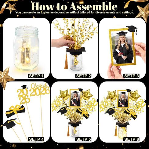 6 Set Graduation Table Decorations with LED Lights, Mason Jar Graduation Table Centerpiece with Felt Grad Cap Photo Frames 2026 Sticks Star Balloons for College Congrats Grad Party Supplies in Saudi Arabia